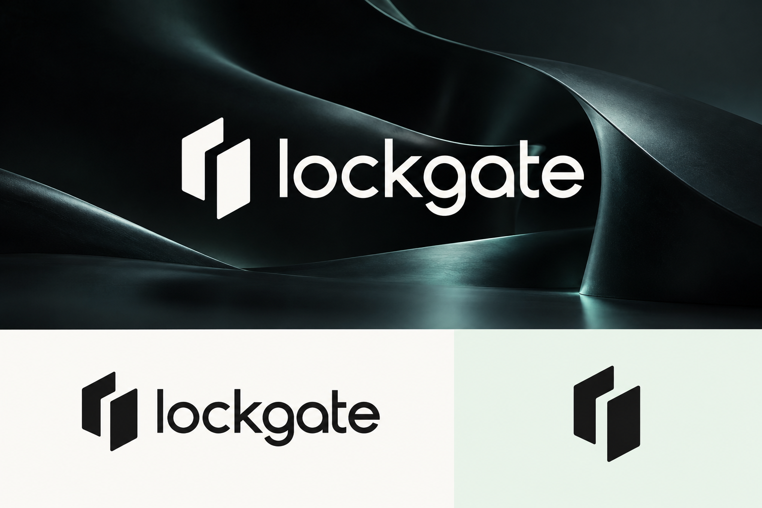 Nueva identidad Lockgate: símbolo de acceso y logotipo sobre un fondo verde petróleo oscuro